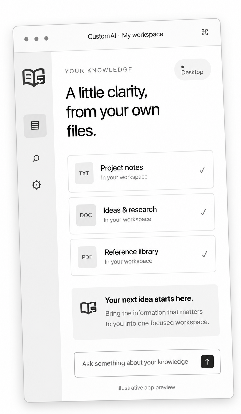 Illustrative Custom AI workspace in black and white, with a document library and a question box.
